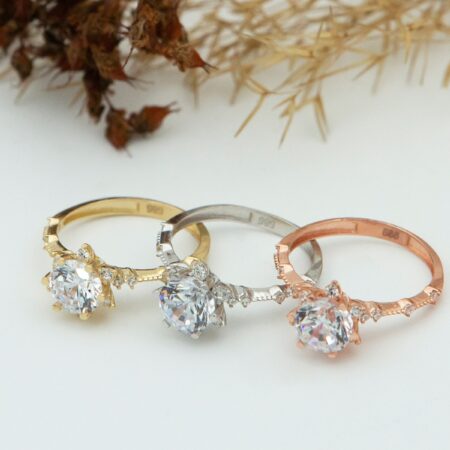 Rose Gold Swarovski Tektaş 14 Ayar Altın Yüzük Özel Tasarım Lotus Çiçeği Trend Evlilik Teklif Yüzüğü