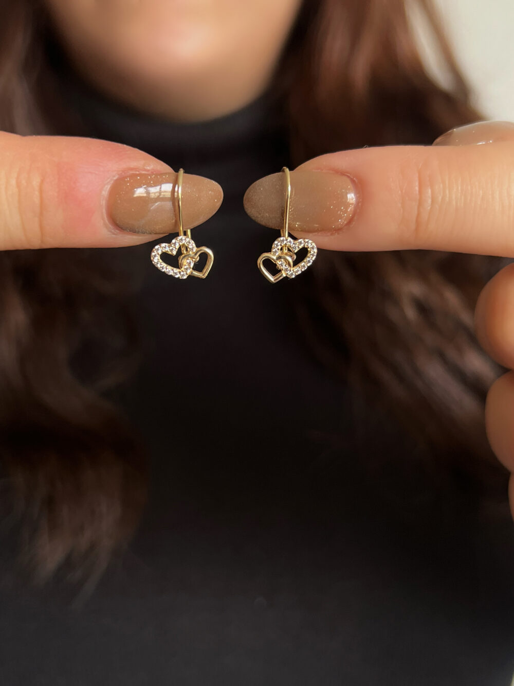 Mini Taşlı Çift Kalp Küpe